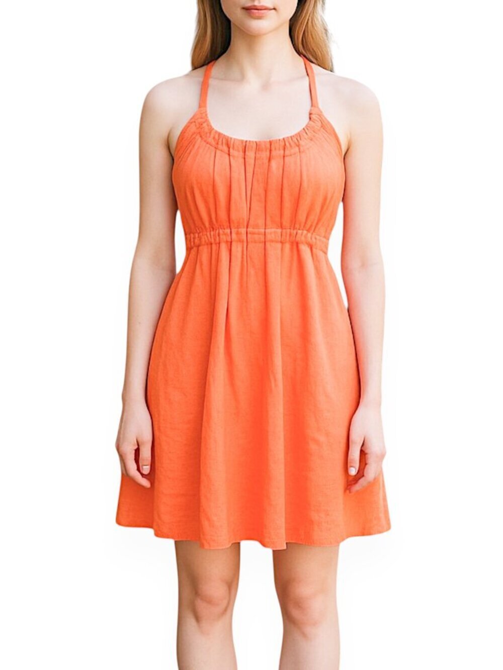 Athleta Orange Sherbert Linen Halter Drawstring Empire Waist Sundress Dress M